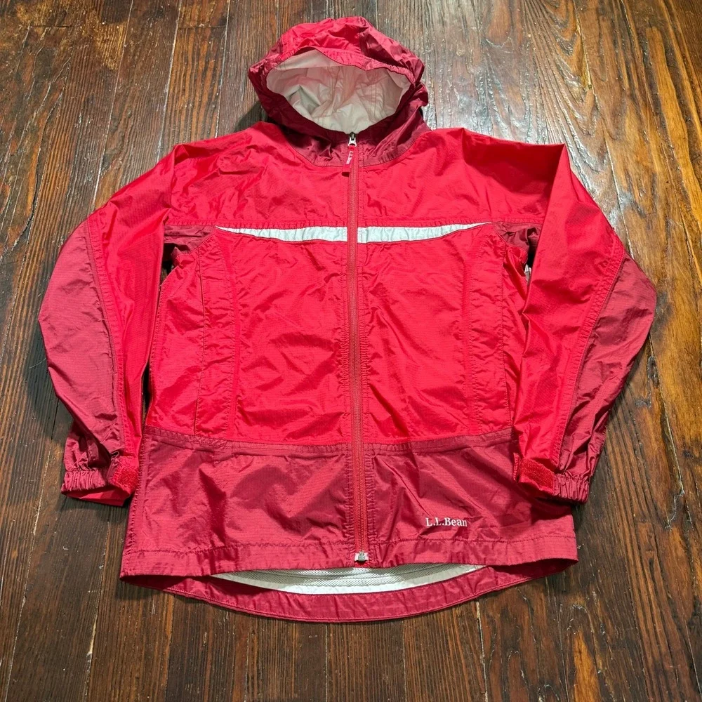 LL Bean Rain Jacket Youth Large Red Kids Hooded Waterproof Reflective **READ**